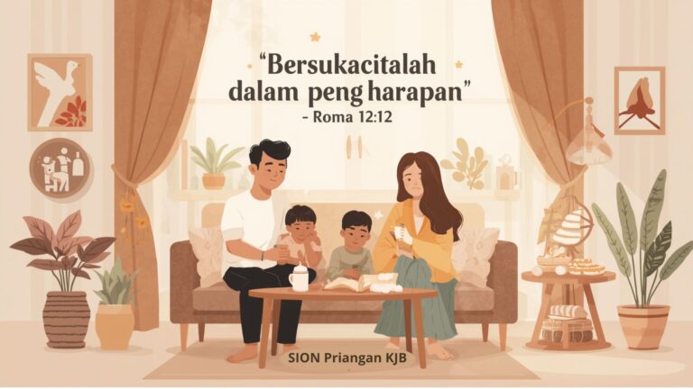 Keluarga Kristen modern berpakaian kasual sedang bersukacita dan berdoa bersama di ruang tamu, dengan cahaya hangat pagi melambangkan pengharapan dalam Kristus berdasarkan Roma 12:12.