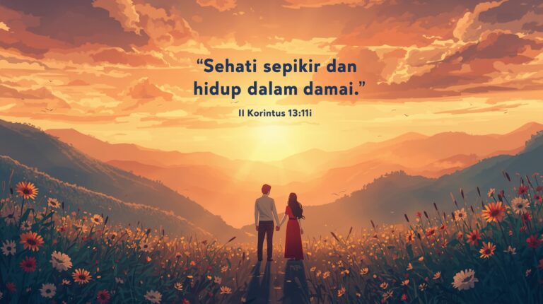 Ilustrasi orang percaya berdiri bersama di bawah cahaya matahari pagi, melambangkan persatuan dan hidup dalam damai sejahtera sesuai 2 Korintus 13:11