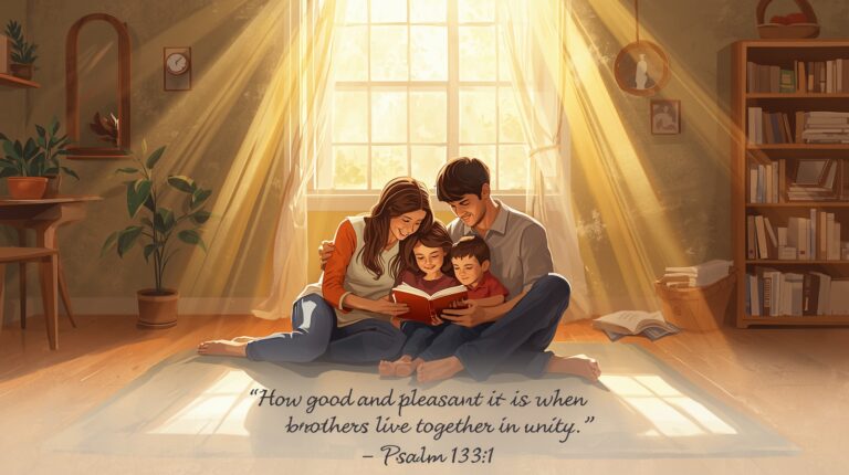 Ilustrasi keluarga Kristen yang hidup rukun dan bersatu dalam doa di bawah terang kasih Tuhan.