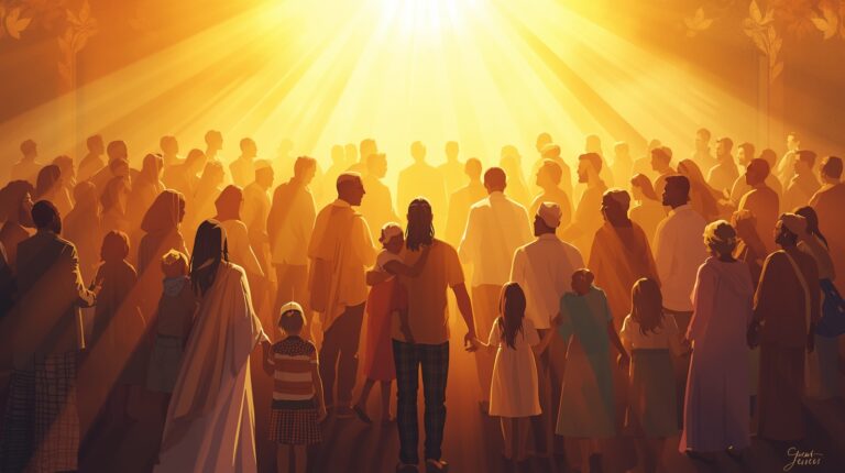 Ilustrasi rohani umat Kristen yang dipersatukan dalam kasih Kristus sebagai satu keluarga Allah.